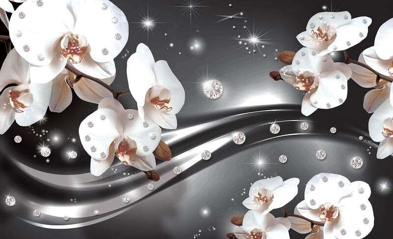 фототапет с бяла орхидея и диаманти
