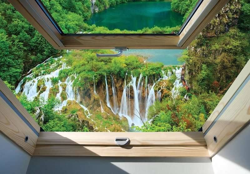 Фототапет с уникална гледка към бурните водопади с изглед от прозорец