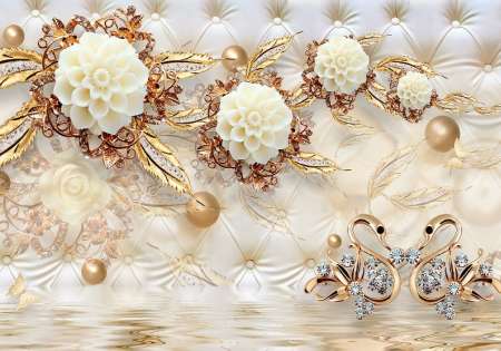14159 - Фототапет 3d цветя с перли и златни орнаменти