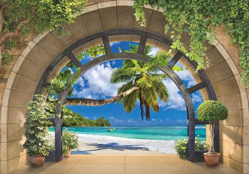 3D Фототапет тераса с изглед към плажа